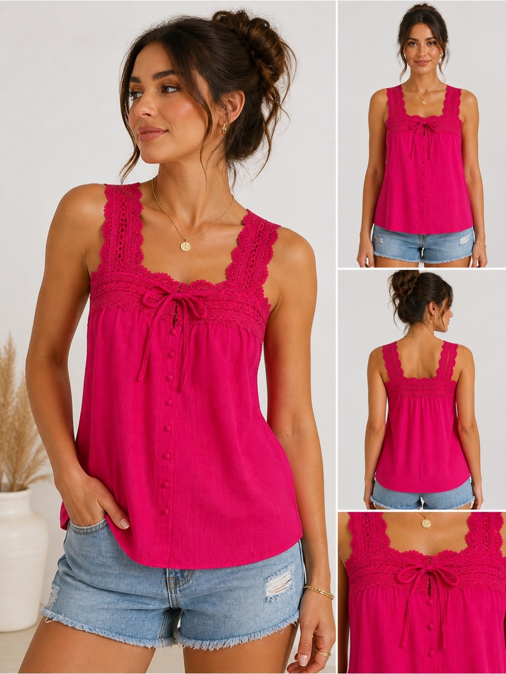 (A4) Island Shores Coral Lace Trim Textured Blouse Top NWT
M